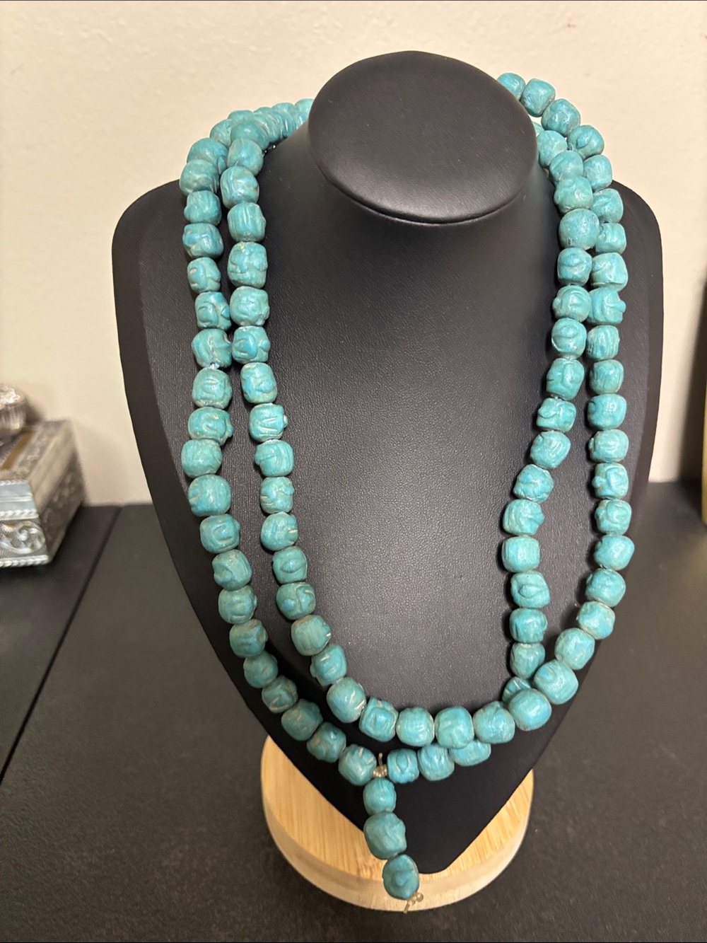 Southwestern Carved Ceramic Turquoise Beaded Long Bead Strand Necklace Unique